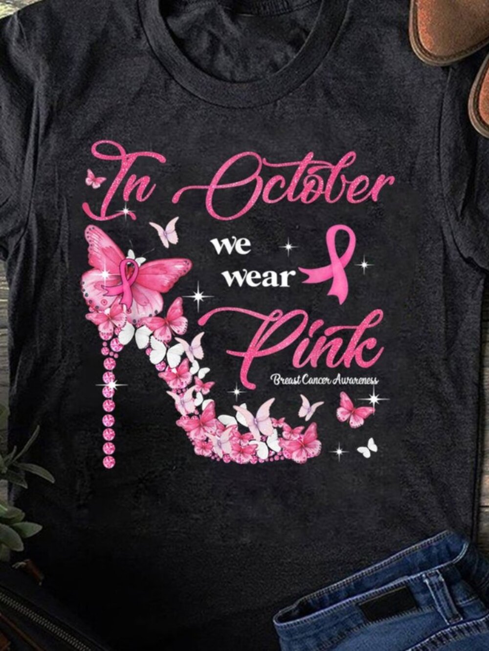 In October We Wear Pink Butterflies Breast Cancer Awareness Tee